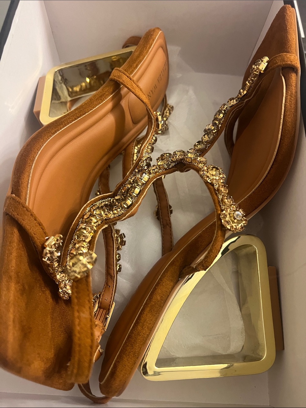 Azalea Wang Crystal-T-Strap Tan Suede Heels - Picture 6 of 7
